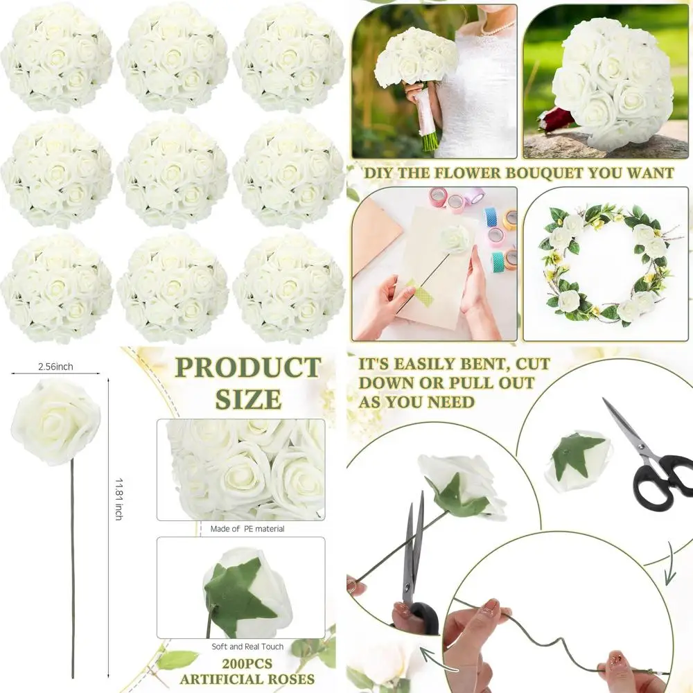 

100pcs White Artificial Foam Roses with Stems for Wedding DIY, Showers, and Home Decor