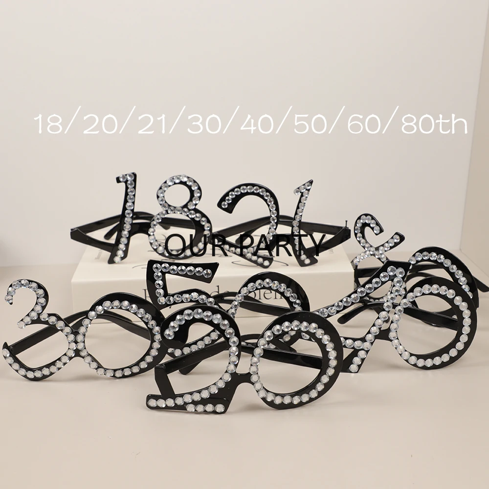 1Pcs Diamond Number 18/20/21/30/40/50/60/80th Years Old Black Eyeglasses Photo Props for Happy Birthday Anniversary Party Decor