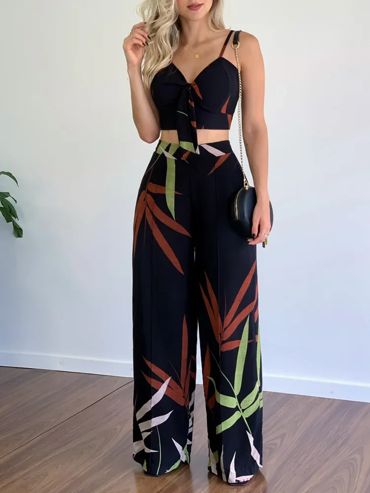 Leaf Print Backless Spaghetti Strap Cami Tops & High Waist Wide Leg Pants Set Summer Women Two Piece Set