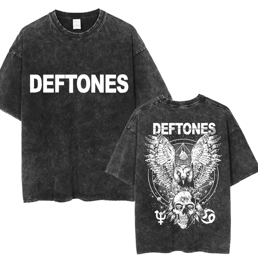 

Deftones Diamond Eyes Skull Owl Around The Fur Tour Washed T-shirts Men's Clothing Hip Hop Vintage T-shirt Loose Cotton T Shirt