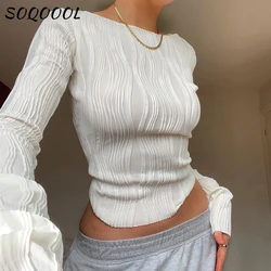 Ruched Long Sleeve T-shirts Women Crop Top Y2K Clothes 2023 Autumn Casual White Skinny Black Basic Tee Corset Pulovers T Shirt