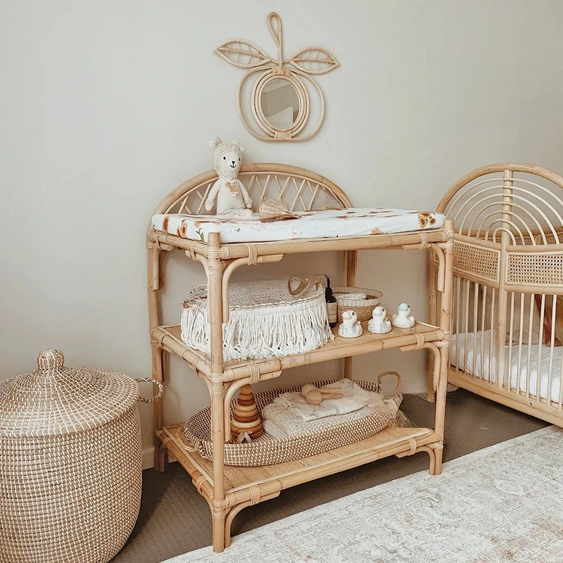 Rattan three-layer shelf, bedroom floor-to-ceiling bookshelf, simple and movable Japanese-style storage rack