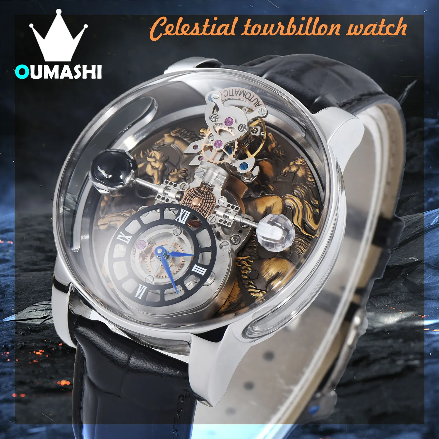 OUMASHI-46mm tourbillon Watch Luxury personality Pop cool celestial waterproof hollow visual parts mechanical men's watch