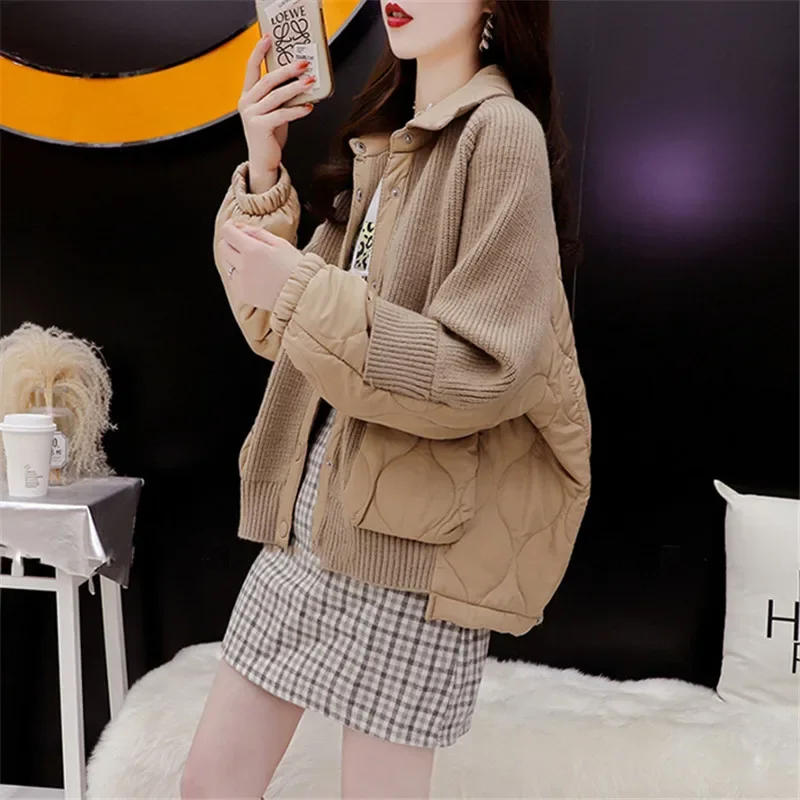 

Autumn Winter Loose Kintted Splicing Cotton Jacket Coat Women Loose Outerwear Korean Solid Color Big Pocket Short Parkas Female