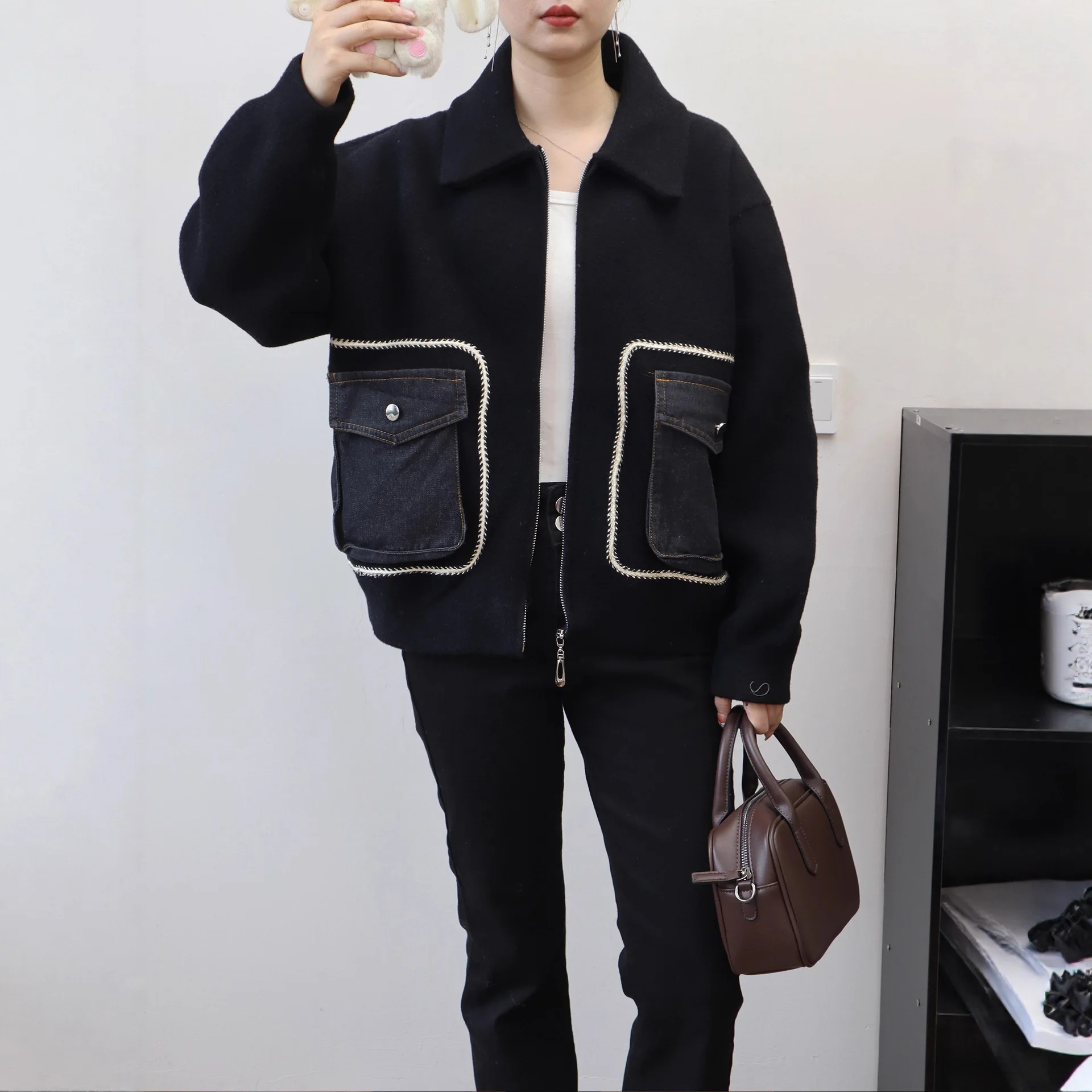 Mulheres casacos curtos de lã casual misturas jaquetas retalhos denim bolso camisola pulôver zíper solto elegante jumper 2025 outono