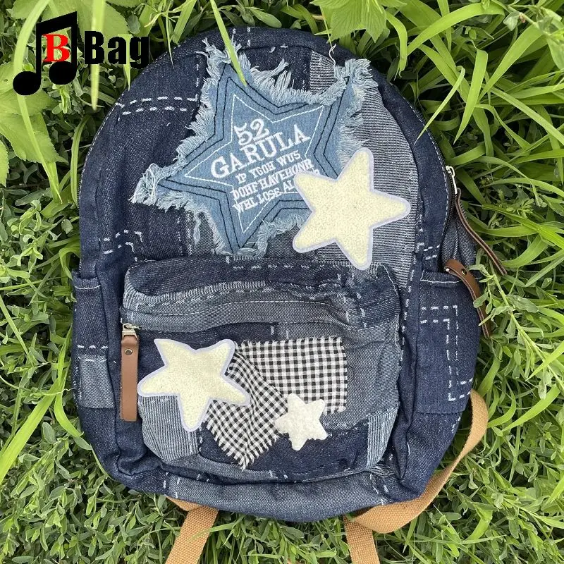 Y2K Gothic Women\'s Girls Punk Harajuku Handbag Denim Irregular Patchwork Star College Style Large Capacity Backpack Totes