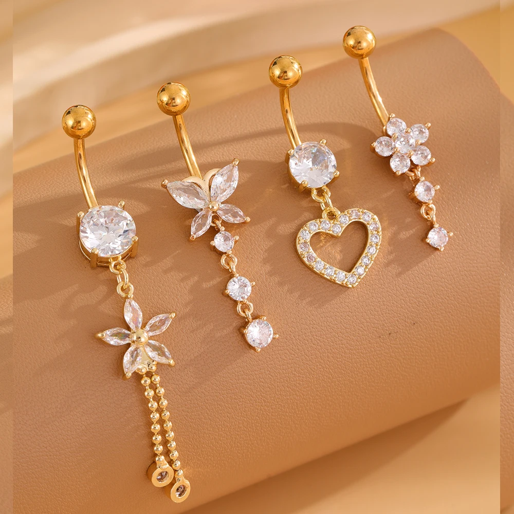 14G Stainless Steel Butterfly Heart Dangled Belly Button Ring Belly Piercng Sets Pink Crystals Flower Curved Navel Ring Lot