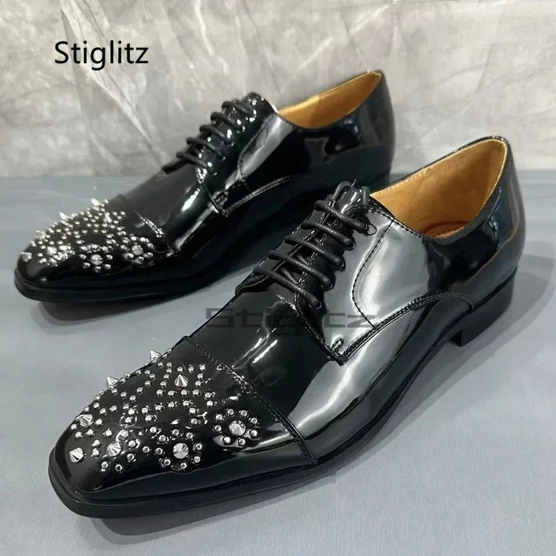 

Silver Rhinestone Rivet Patent Leather Oxford Shoes Men's Designer Style Luxury Handmade Shoes Elegant Lace-Up Office Shoes