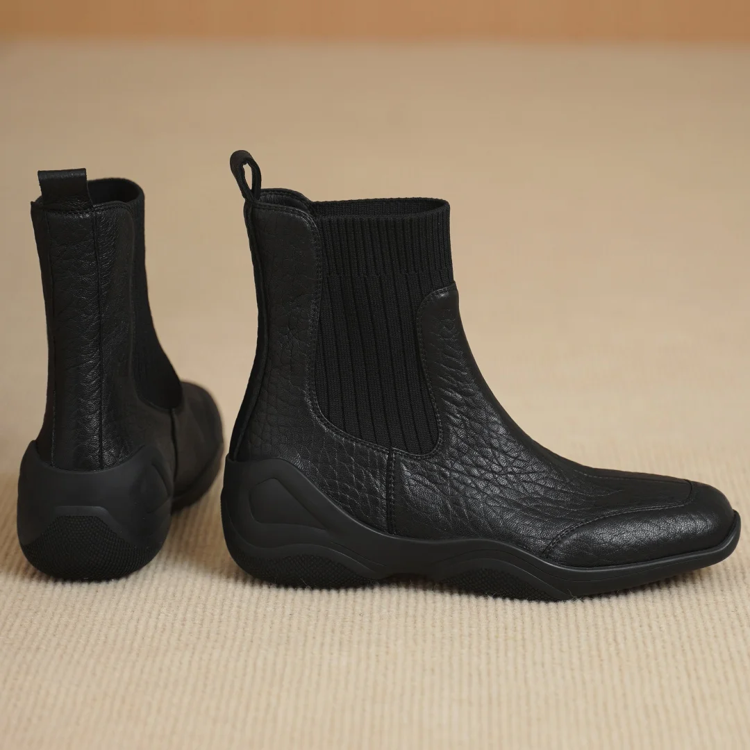 

Women's sheepskin stretch knit patchwork slip-on autumn flat ankle boots high quality soft comfortable casual short boots shoes