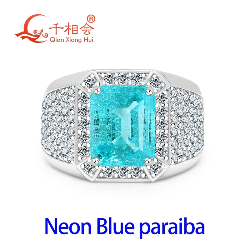 

S925 Silver 8x10mm Emerald Cut YAG Neon Blue/Green Paraiba Tourmaline Men's Ring, Moissanite Pave Wide Band Ring for jewelry