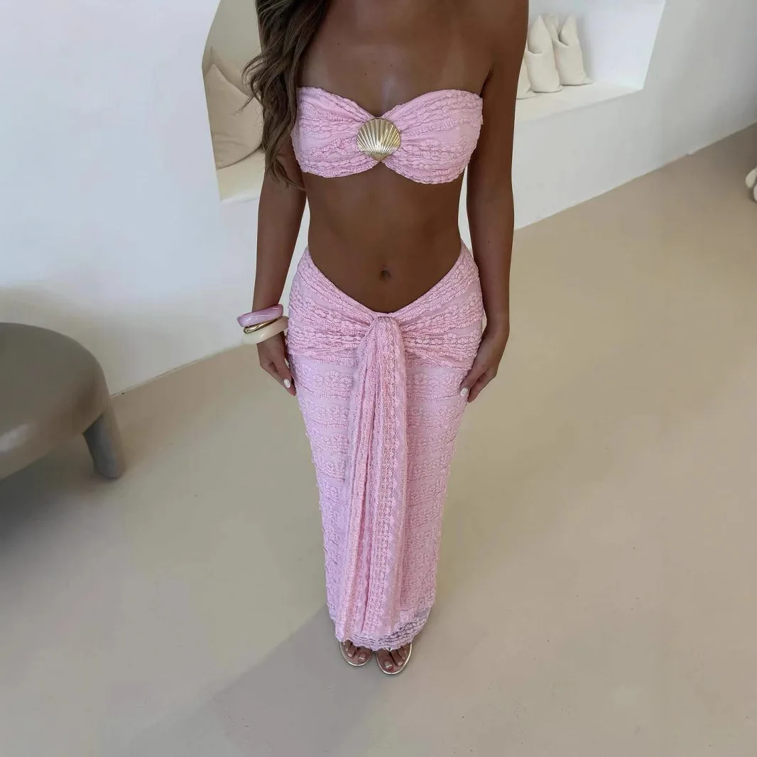 Estate sexy 2 pezzi set club party beach donna senza maniche backless conchiglia top a tubo + pacchetto sui fianchi gonne con nodo abbinate clubwear