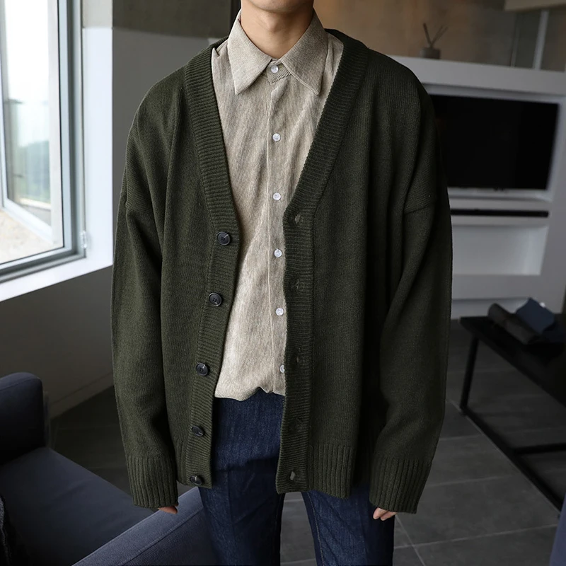 IEFB-suéter de punto para hombre, cárdigan holgado con cuello en V y una hilera de botones, abrigo de punto de Color sólido, nueva moda de primavera