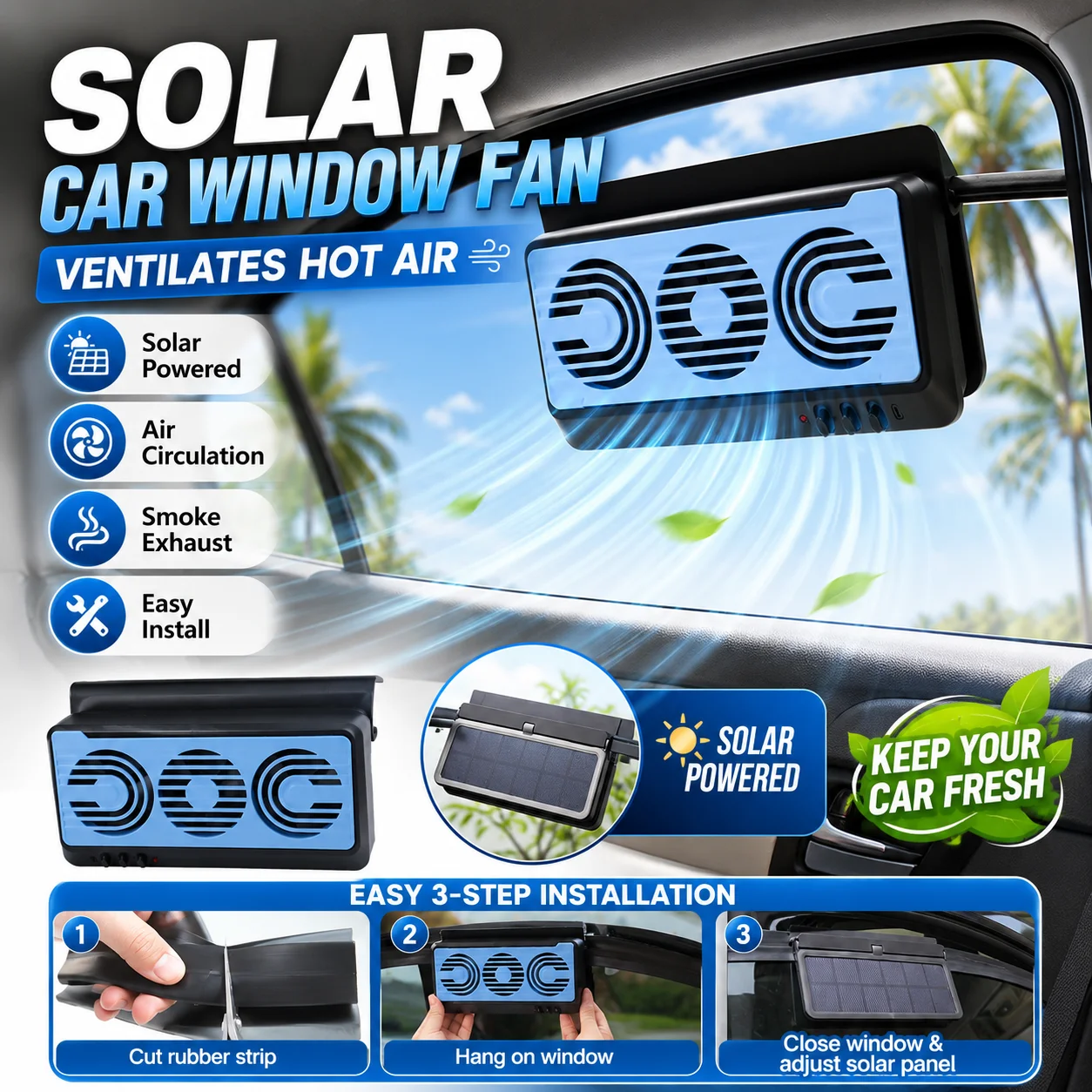 Solar Powered Car Window Fan Exhaust Air Circulation Cooling Ventilation Fan Summer Auto Accessory Heat Dissipation Tool tools