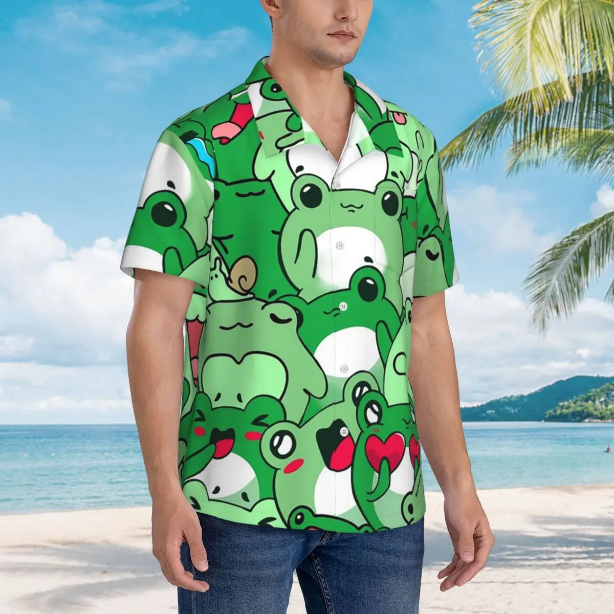 

Гавайские рубашки с милым рисунком лягушки, забавные мужские рубашки с коротким рукавом для лета, пляжные мужские топы с лацканами