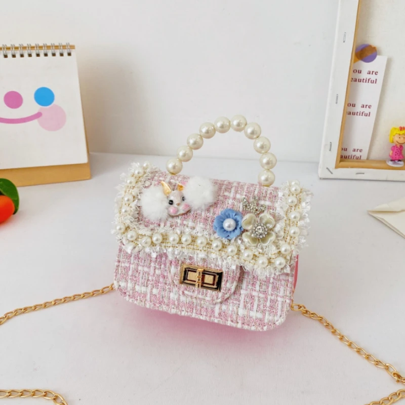 

Детские сумки на плечо с милым мультяшным кроликом, милые сумки принцессы с цветочным узором для девочек, сумки с жемчугом, детская сумка через плечо с цепочкой, аксессуары