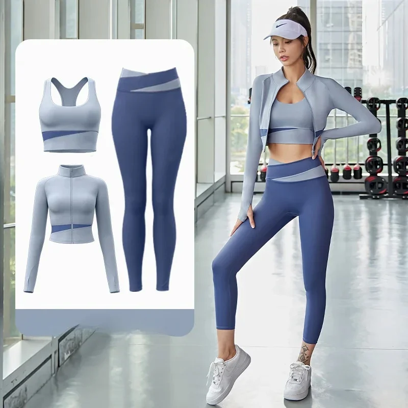 Women Yoga Patchwork 3 Piece Set Fitness Gym Coats+Bra+Leggings Workout Running Sportswear Clothing Tracksuit Ensemble Femme