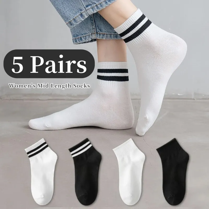 5 Pair Women's and Men's Unisex Spring/Summer Four Seasons Solid Color Business Stripes Simple Fashion Trend Comfortable Socks