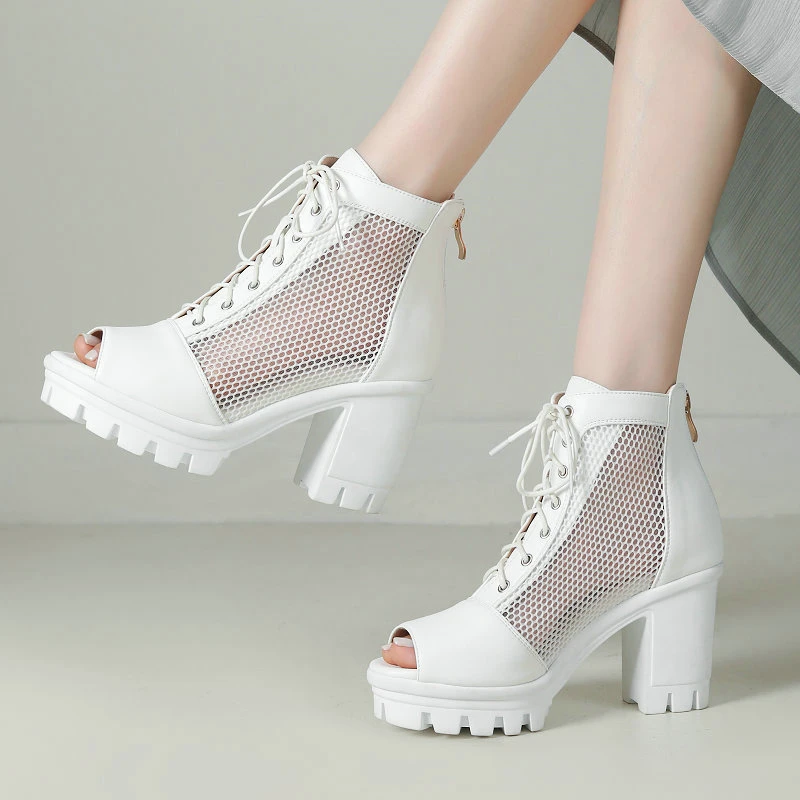 

Peep Toe White Mesh Net Breathable Summer Shoes Motorcycle Boots Lace-up Block High Heels Platform Women Ankle Botas Sandals