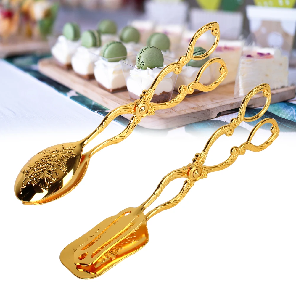 Salad Pastry Clamp Gold-plated Baking Barbecue Tool Buffet Food Tong Snack Cake Clip Fruit Salad Cake Clip Vintage style