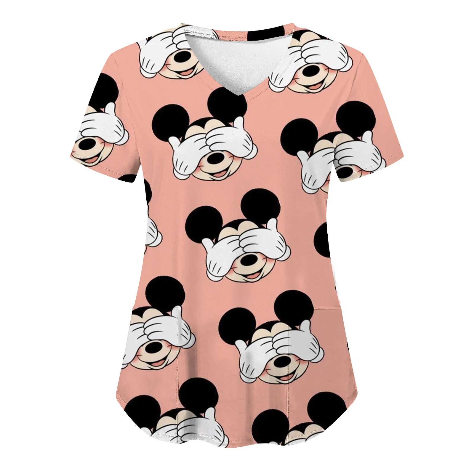 T-shirt Minnie Mouse avec poche pour femme, haut à col en V Y, uniforme d\'infirmière, vêtements d\'hôpital Disney, été, 2023