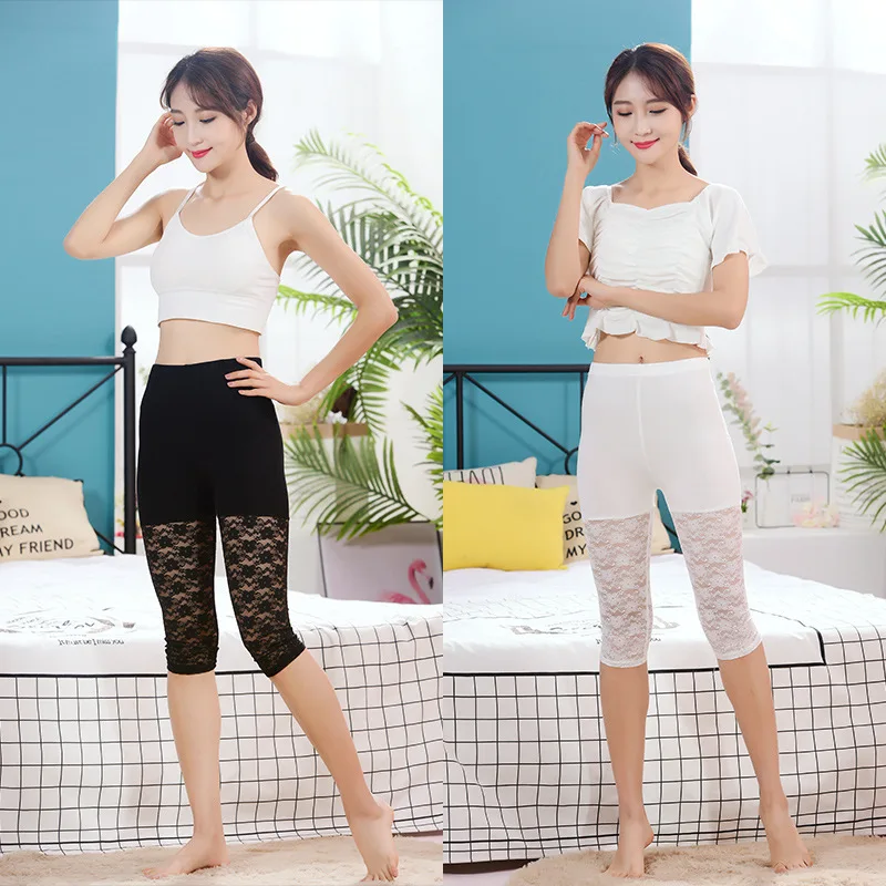 High Waist Safety Pants Women's plus Size Elastic Lace Mesh Base Layer Pants Thin Summer Seven-Quarter Length Trousers