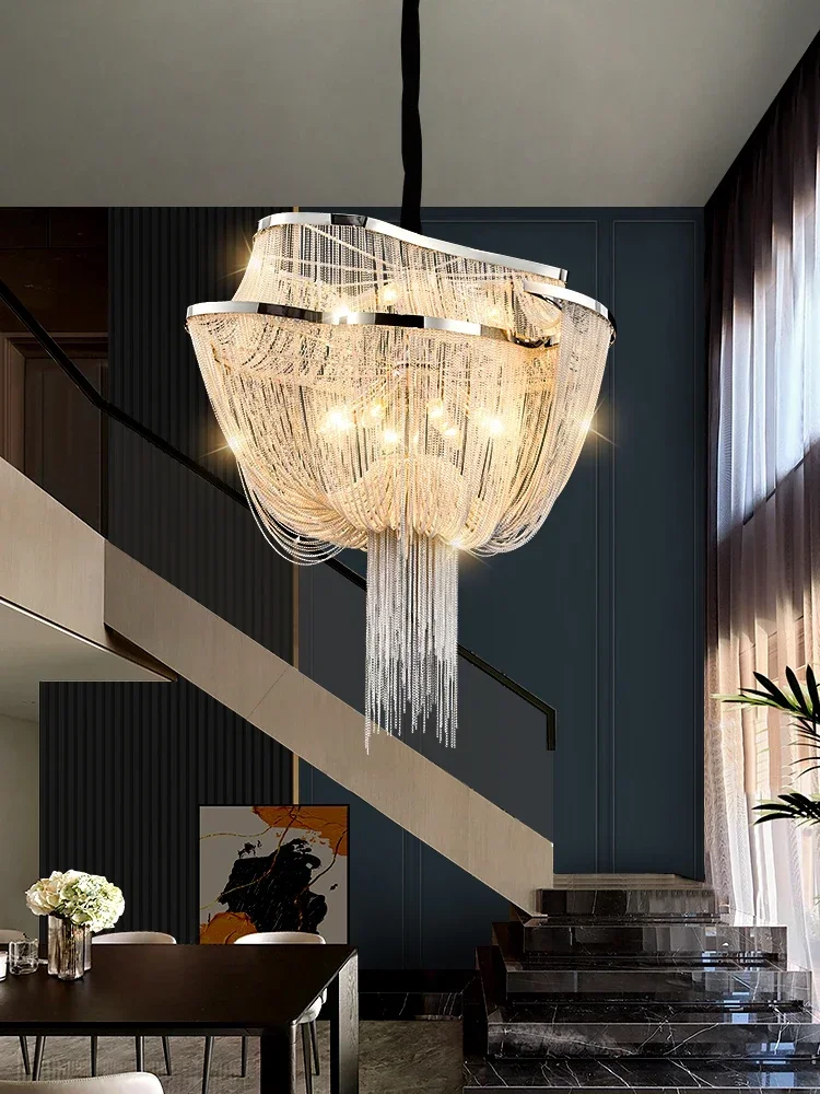 Moonriver Lighting Modern Tassels Chandelier Creative Iron Chain Hanging Lamp Hotel Lobby Hall Shop Pendant Light for Home LED