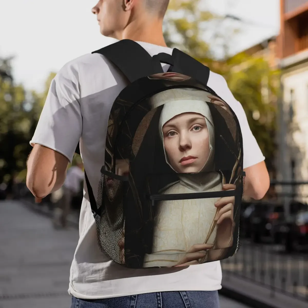 حقيبة ظهر Serene Nun Portrait Daypack ذات سعة كبيرة للأطفال حقيبة كتب مدرسية حقائب كتف للرجال والنساء #6