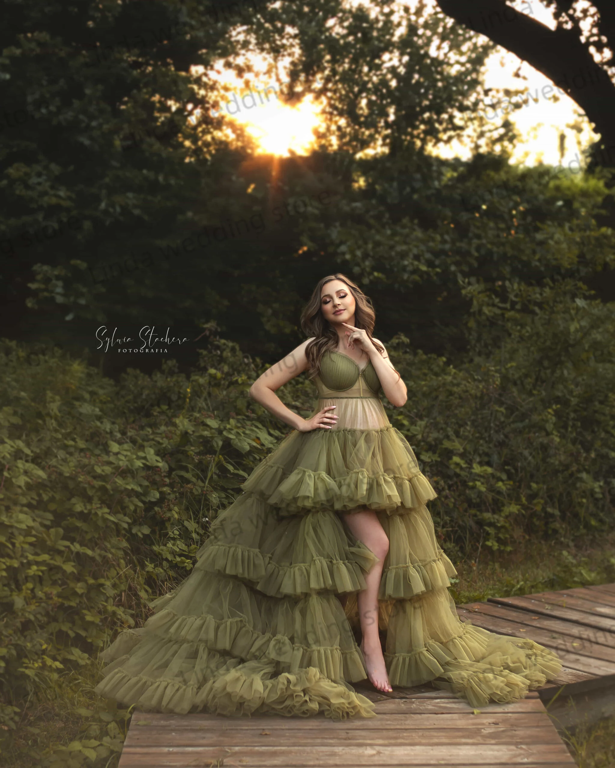 Ilusão verde vestido de maternidade para foto querida em camadas plissados vestido de baile para gravidez fenda personalizado vestidos de chá de bebê