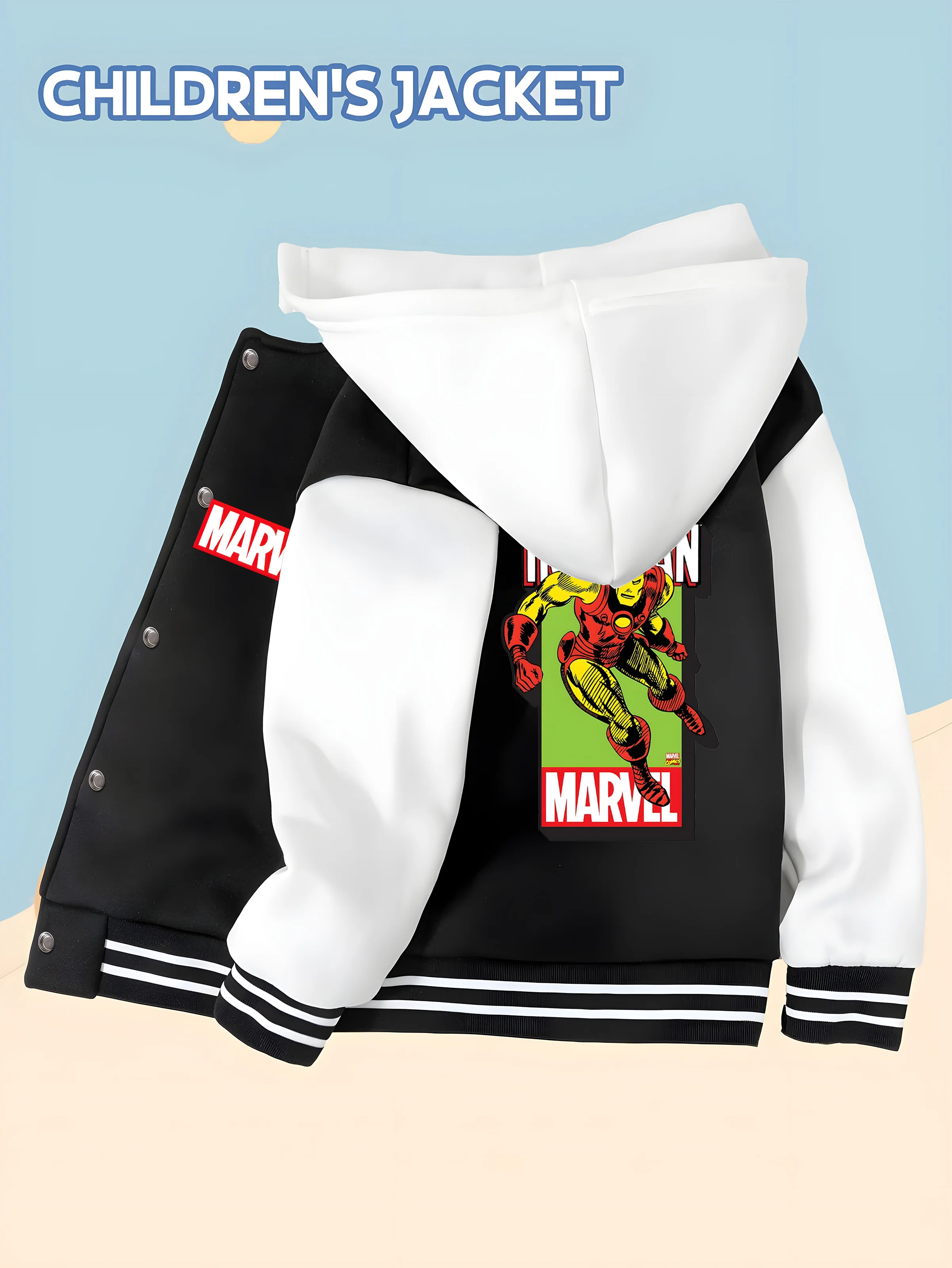 

MINISO Baseball hooded Jacket - Iron Man classic double-sided pattern design, soft and comfortable fabric, fashionable and warm