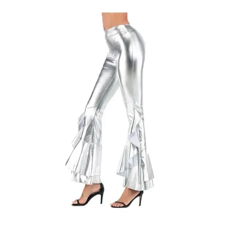 Sexy PU Leather Metallic Pants Shiny Holographic Flare Pants Women Girls Elastic Waist Bell Bottom Trousers Clubwear