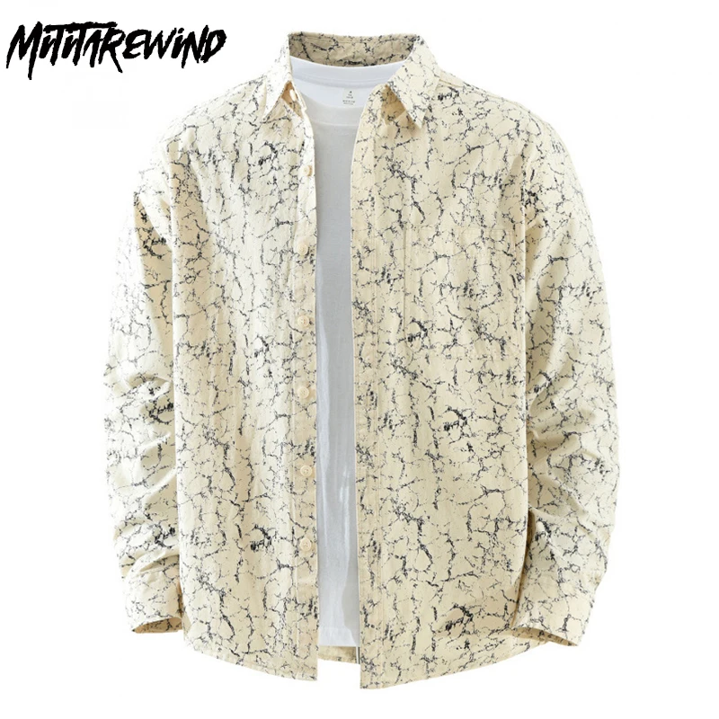 

Spring New Long Sleeve Printed Shirts Man Korean Fashion Streetwear Full Print Top Youth Casual 100% Cotton Button Up Shirt Men