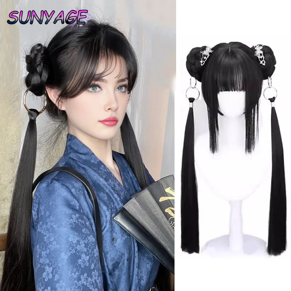 SUNYAGE Synthetic Black Wig with Long Ponytail Short Straight Wig Lolita Cosplay Party Harajuku Blonde Wig With Bangs for Women