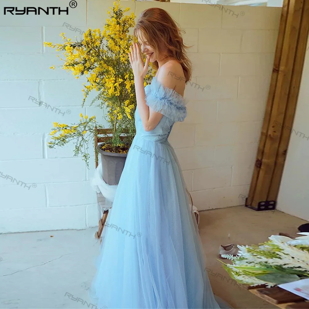 Ryanth Fairy-Sky Blue Soft Tulle Dress, uma linha de vestidos de baile, shoot de casamento da Coréia, fora do ombro, jardim Lace Up Party Gowns