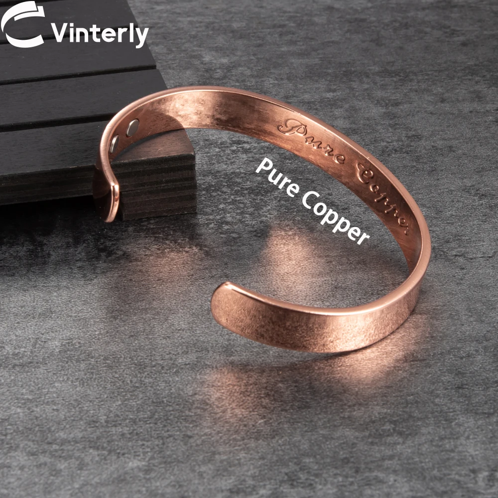 Vinterly Pure Copper Bracelets Magnetic Therapy Arthritis Shiny Adjustable High Magnets Open Cuff 10mm Bangles Resizable Jewelry