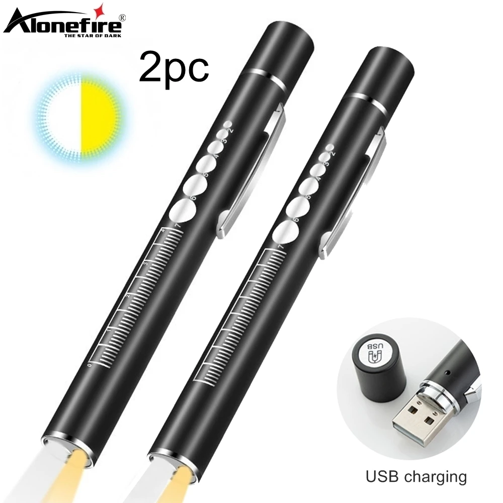 2pc 2-in-1 LED White/Yellow Mini Pen Light Flashlight USB Rechargeable Doctors Eye Pupil Check Work Travel Emergency Lamp Torch