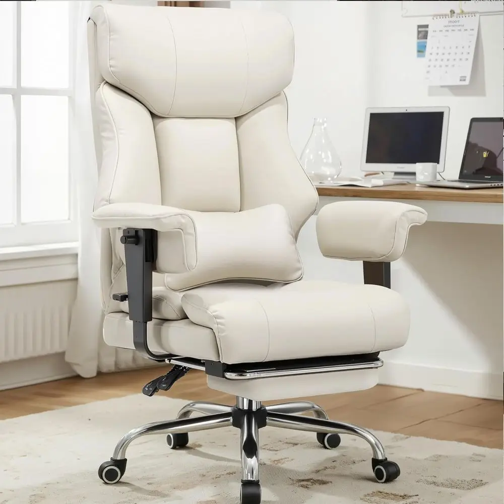 

Ergonomic High-Back Leather Office Chair for 400lbs, Lumbar Support, Footrest, Beige