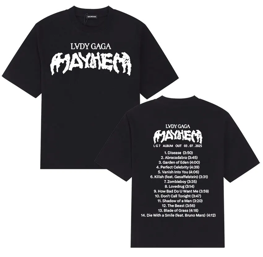 

Lady Gaga Mayhem Tour 2025 New T-Shirt Men Women Hip Hop Retro Short Sleeve T-shirts Casual Pure Cotton Tops T Shirt Streetwear