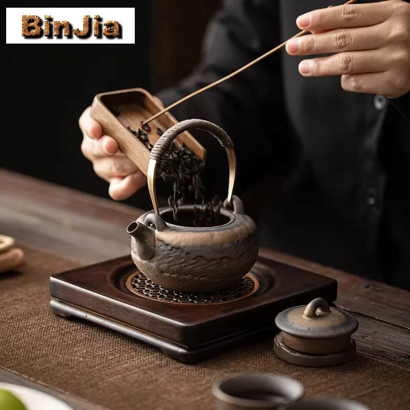 210Ml Retro Coarse Pottery Lifting Beam Teapot Ancient Gilded Iron Glaze Screen Pot Chinese Tea Brewing Ball Hole Filter Kettle