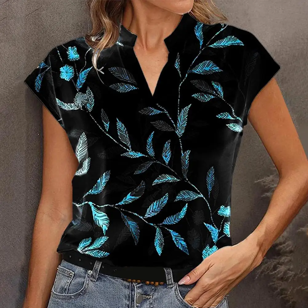 Women T-shirt Stylish Leaf Print V Neck Summer Top for Women Breathable Loose Fit T-shirt with Short Sleeves Stand Collar Women