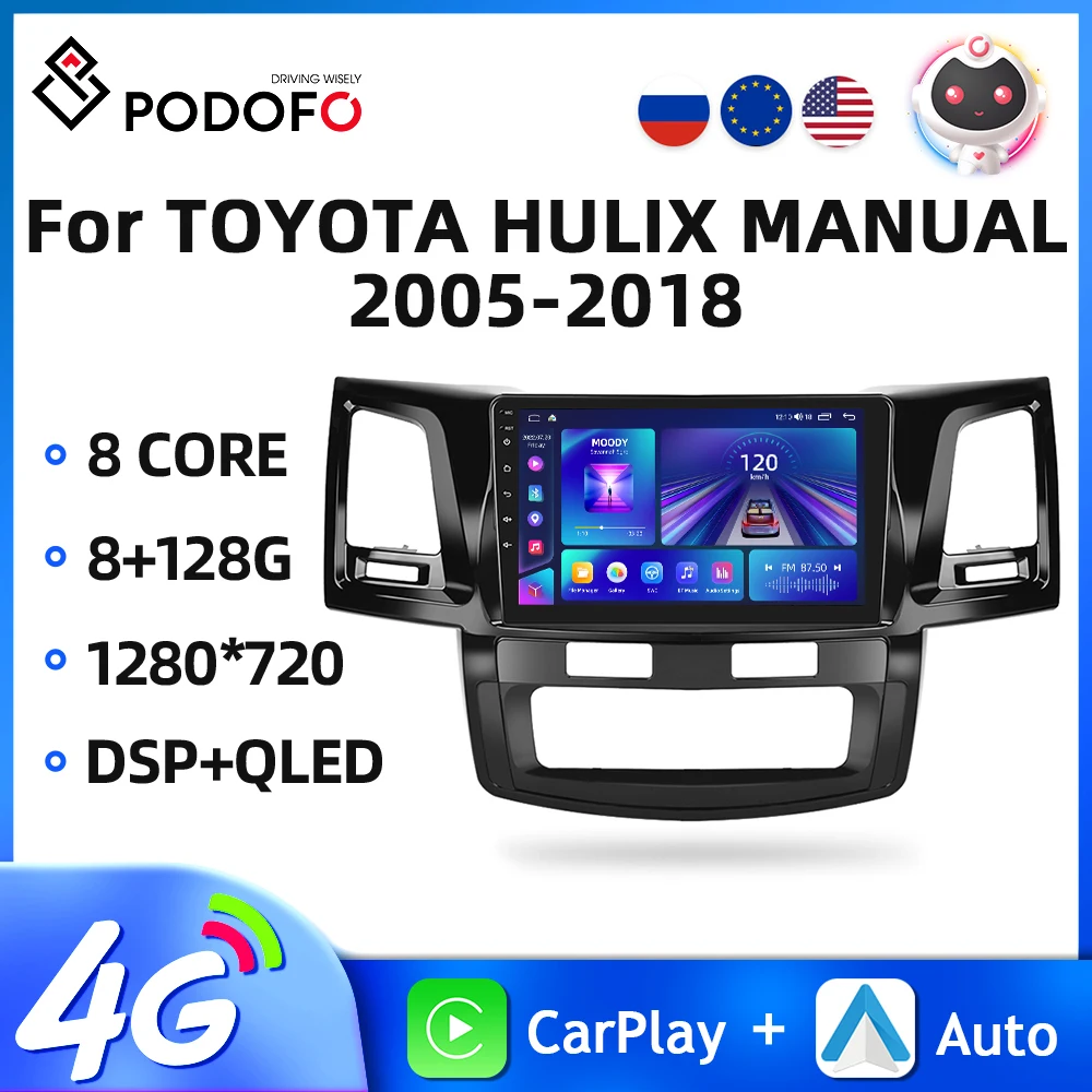 

Podofo 2din Car Radio For Toyota Hulix Manual/Auto 2005-2014 Multimedia Video Player GPS Navigation Android 4G Carplay Autoradio