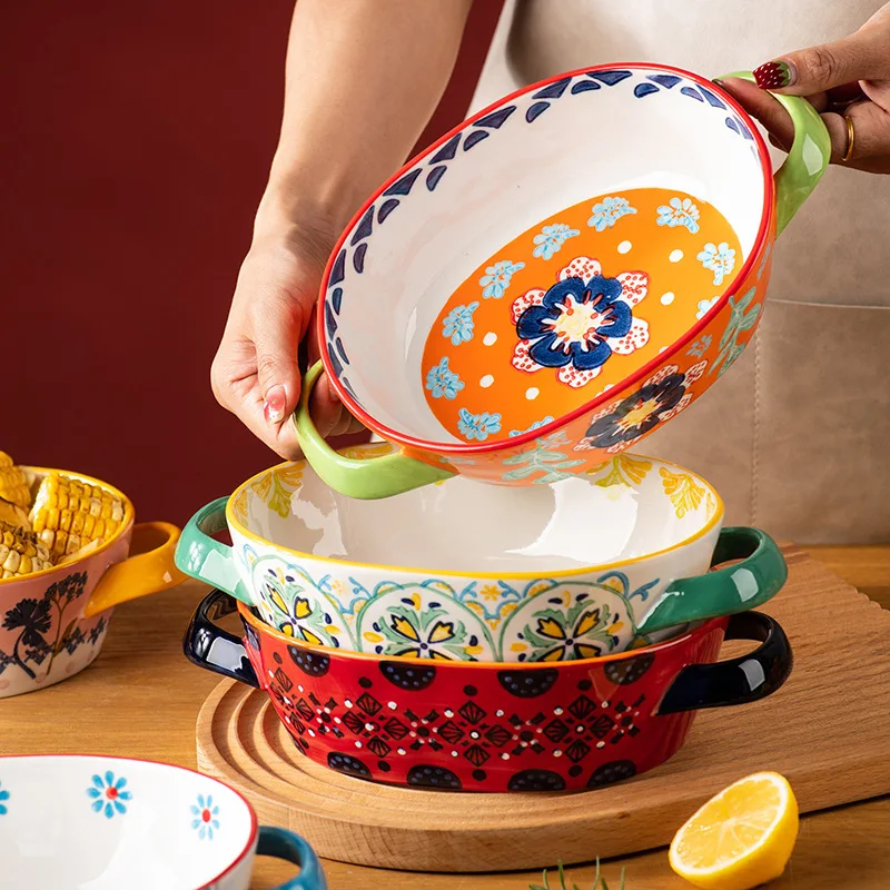 1pc Fancy Flower Double Ear Bowl Ceramic Creative Retro Tableware Cheese Baked Rice Plate Home Kitchen Hotel Tableware