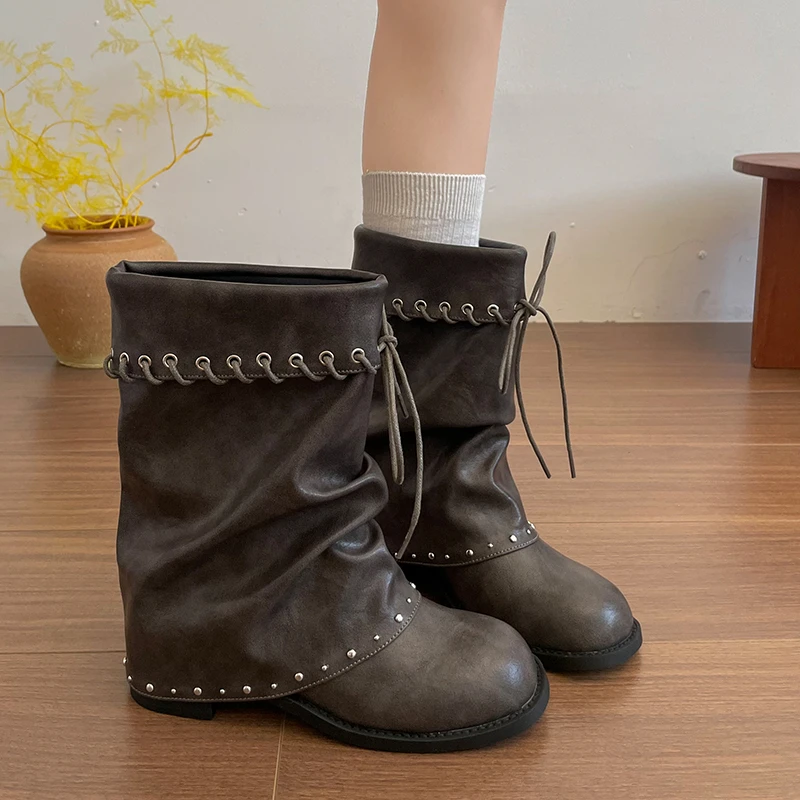 Women Slouchy Mid Calf Boots Round Toe Lace Up Rivet Decor Thick Heel Pu Leather Vintage Autumn Winter Daily Wear Western Boots