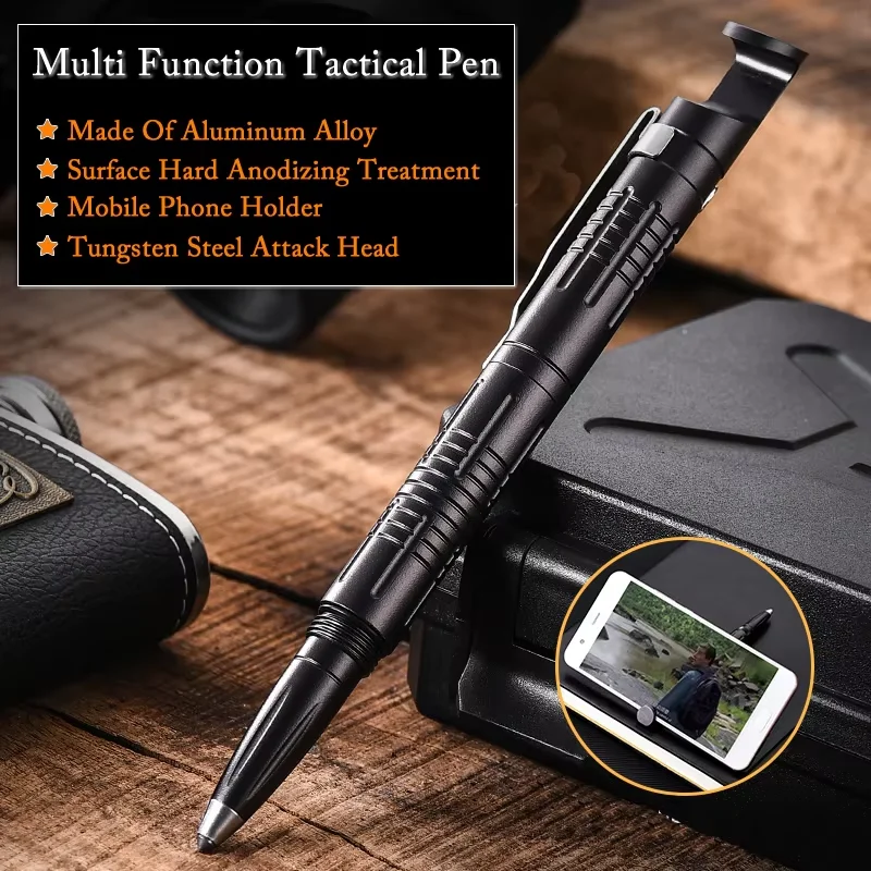 Multi-Function Aluminum Alloy Self Defense Tactical Pen Outdoor Emergency Window Breaker Phone Holder Survival EDC Tool Gift