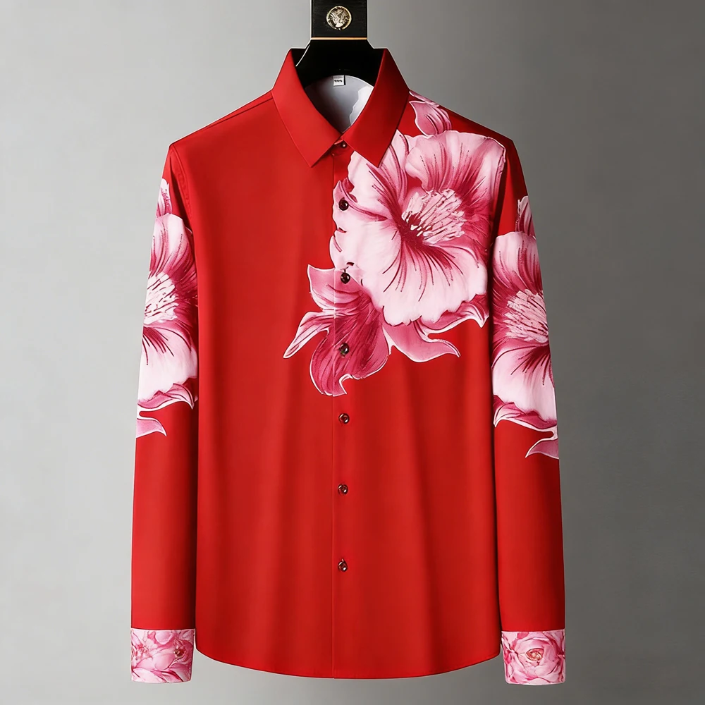 2026 New Men's Product Micro Stretch Long Sleeve Shirt Flower HD Print Hawaiian Outdoor Party Simple Business White Men Clothing