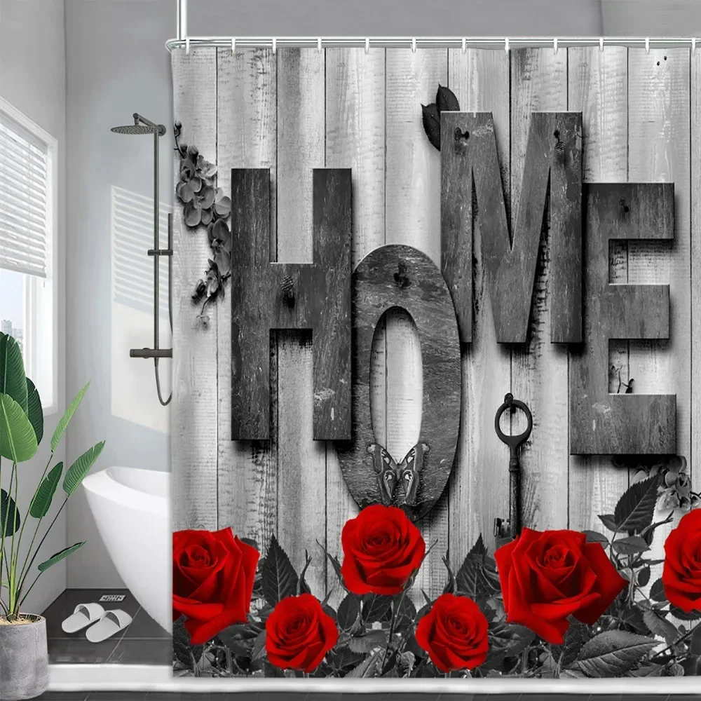 

Занавеска для душа с красной розой, капли воды на День святого Валентина, деревянная панель, бабочка, День святого Валентина, романтические каблуки с животными, ванная комната, декабрь