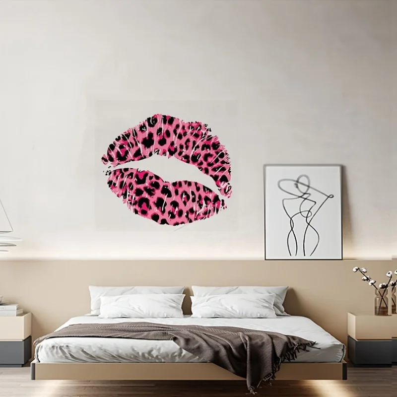 1pc Pink Leopard Print Lips Wall Decals, Suitable for Bedroom, Living Room, Vanity Room, Closet, Creative Gift for Beauty Lovers