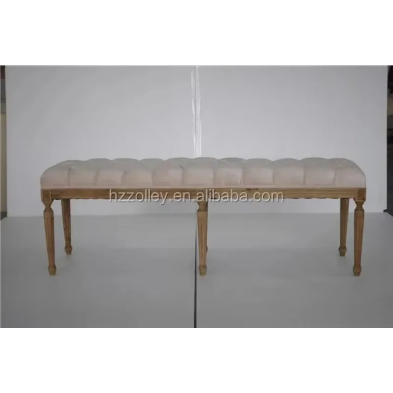 Antique Wood Long Bench Stools White Fabric Tufted Button Ottoman Bench Stool