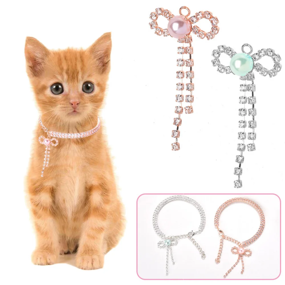 Cat Diomand Necklace With Pearl Metal Exquisite Grooming Kitten Collar Rose Gold Long Tassels Collar for Small Dog Cat Pet Items