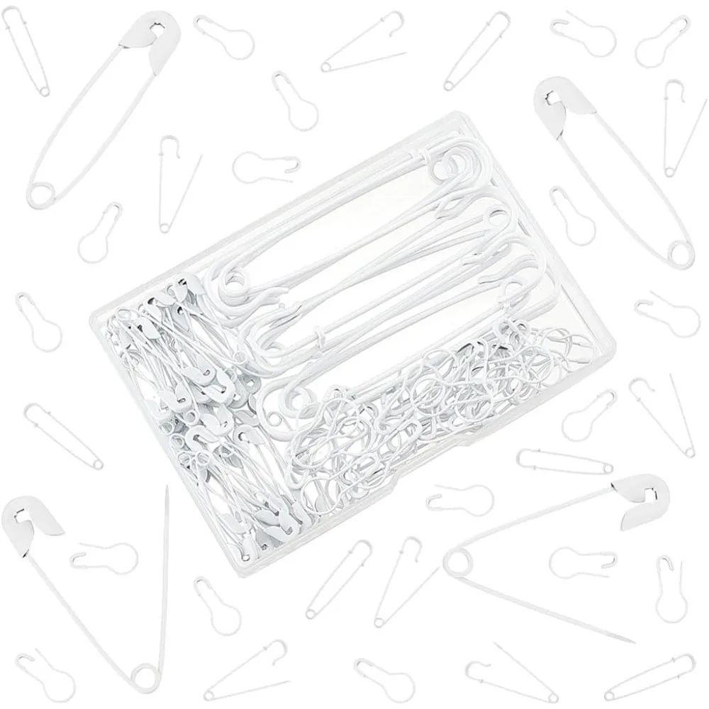 110Pcs 3 Style Spray Painted Iron Safety Pins & Calabash Pins White 22~75x7~17x2~6mm Hole: 4.5mm Pin: 0.7~1.5mm