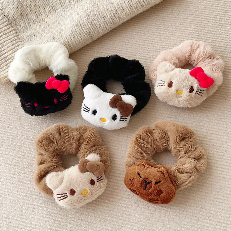 6 pçs kawaii para hellokitty acessórios de cabelo de pelúcia faixas de cabelo anime corda de cabelo alta elástica bandana para meninas presentes para crianças
